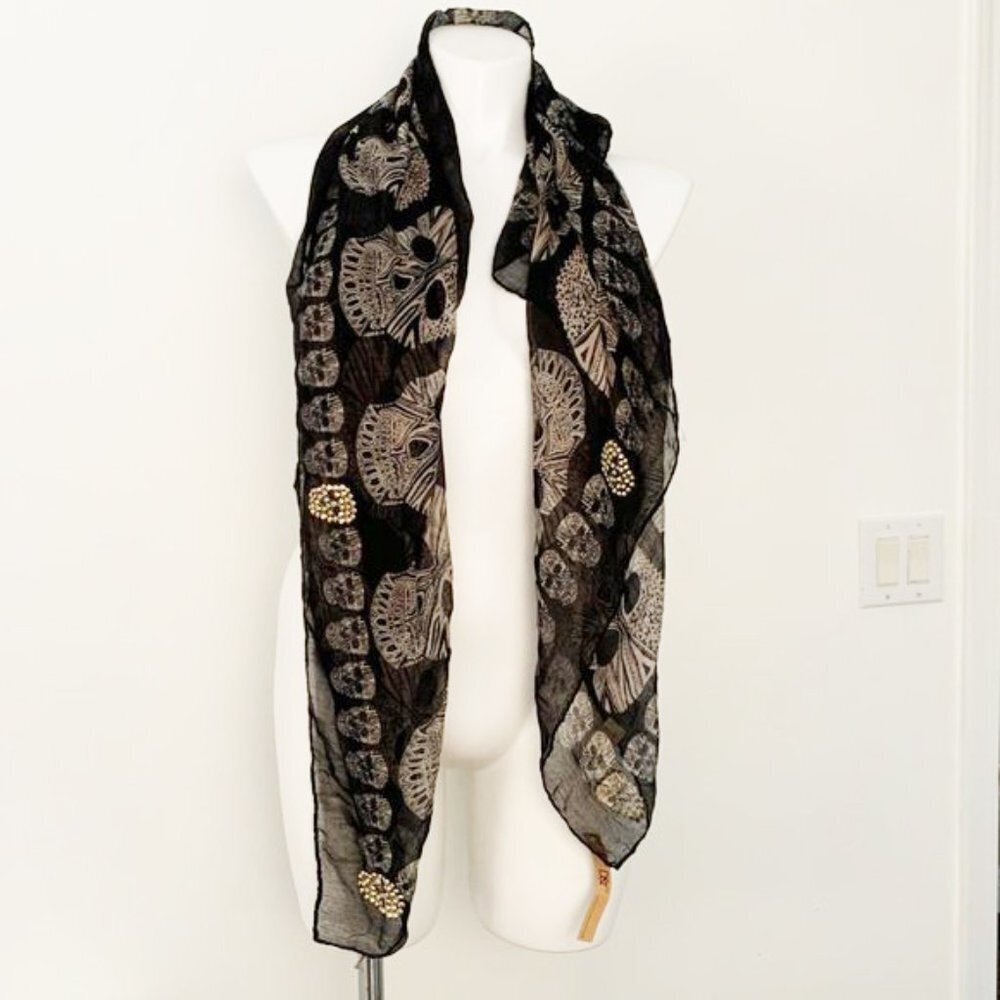 Skull Black Gold Bling Scarf Sarong Wrap Oblong 44" W x 68"L Goth Whimsigoth NEW